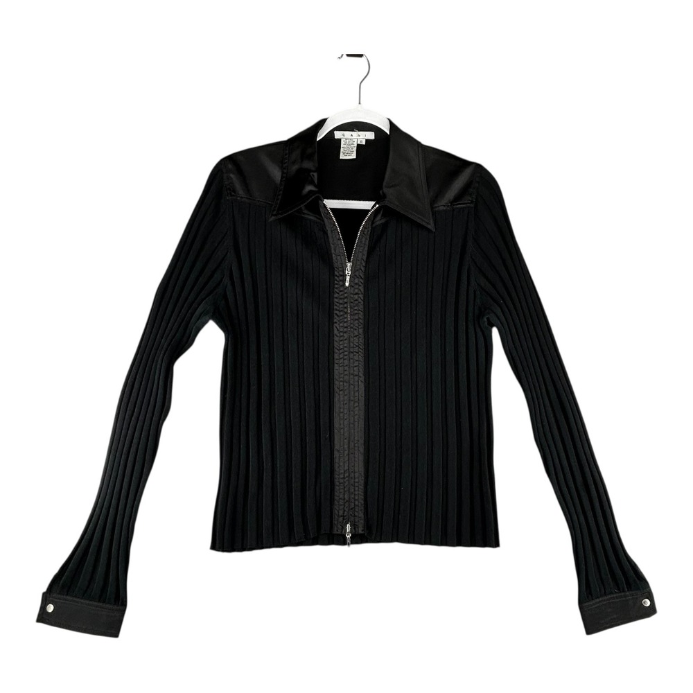 Cabi Black Ribbed Silk‎ Blend Zip Up Satin Trim Cardigan Sweater Womens X-Large